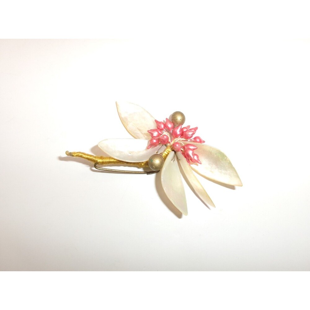 Vintage Shell Flower Brooch Pin Mother of Pearl MOP Leaves Red Berries Corsage